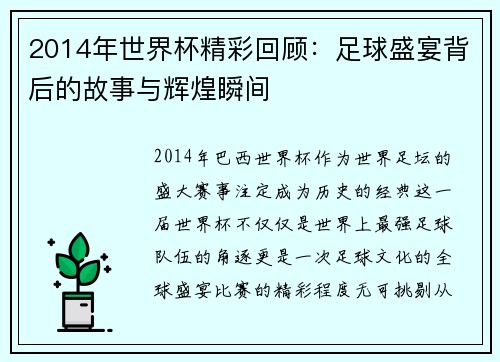 2014年世界杯精彩回顾：足球盛宴背后的故事与辉煌瞬间