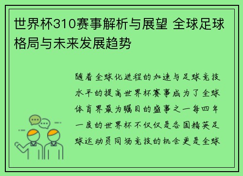 世界杯310赛事解析与展望 全球足球格局与未来发展趋势 世界杯310赛事解析与展望 全球足球格局与未来发展趋势